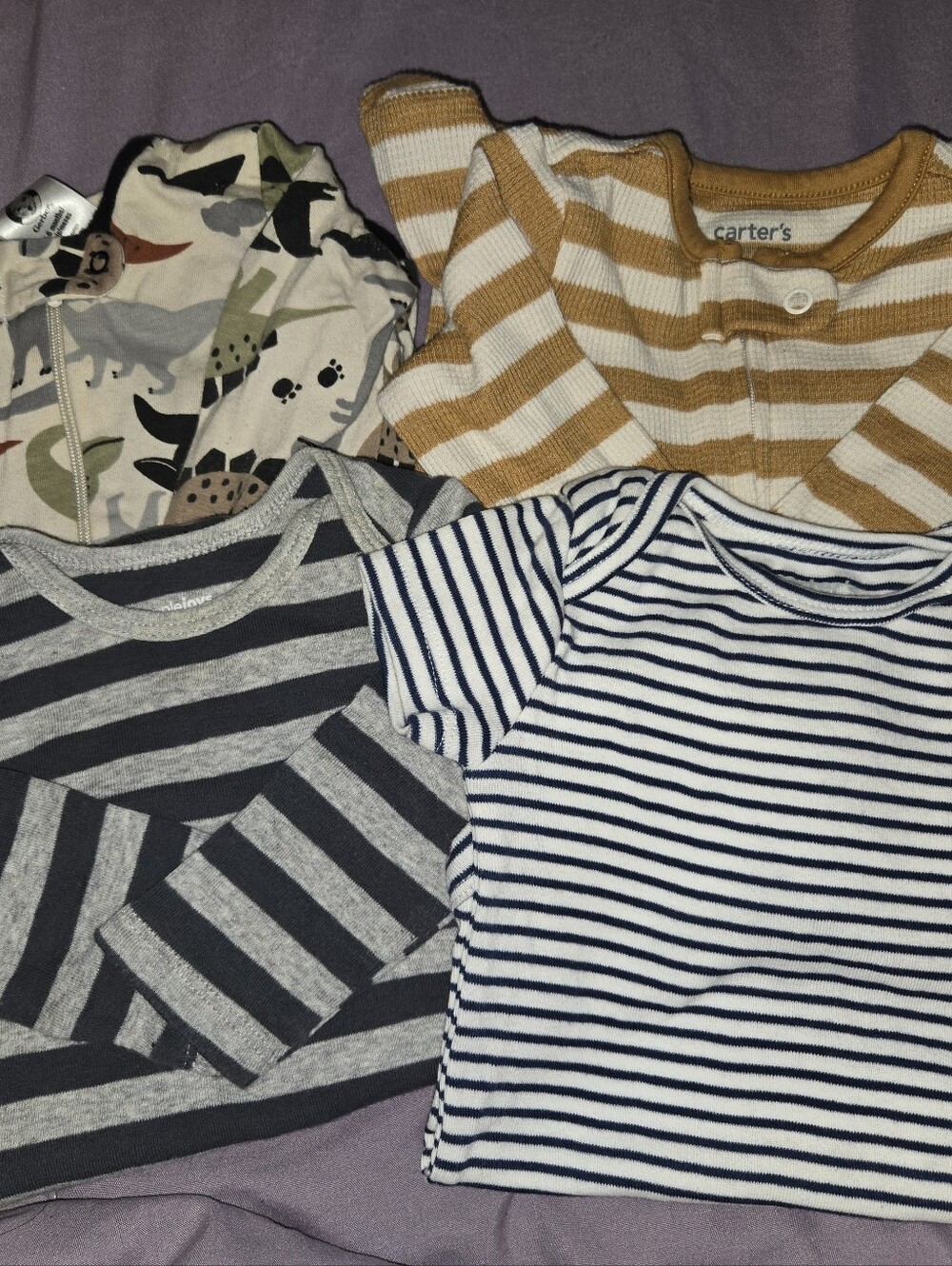 Carter's Striped Mustard, Navy & Gray Baby Tops with Dinosaur Print Footies